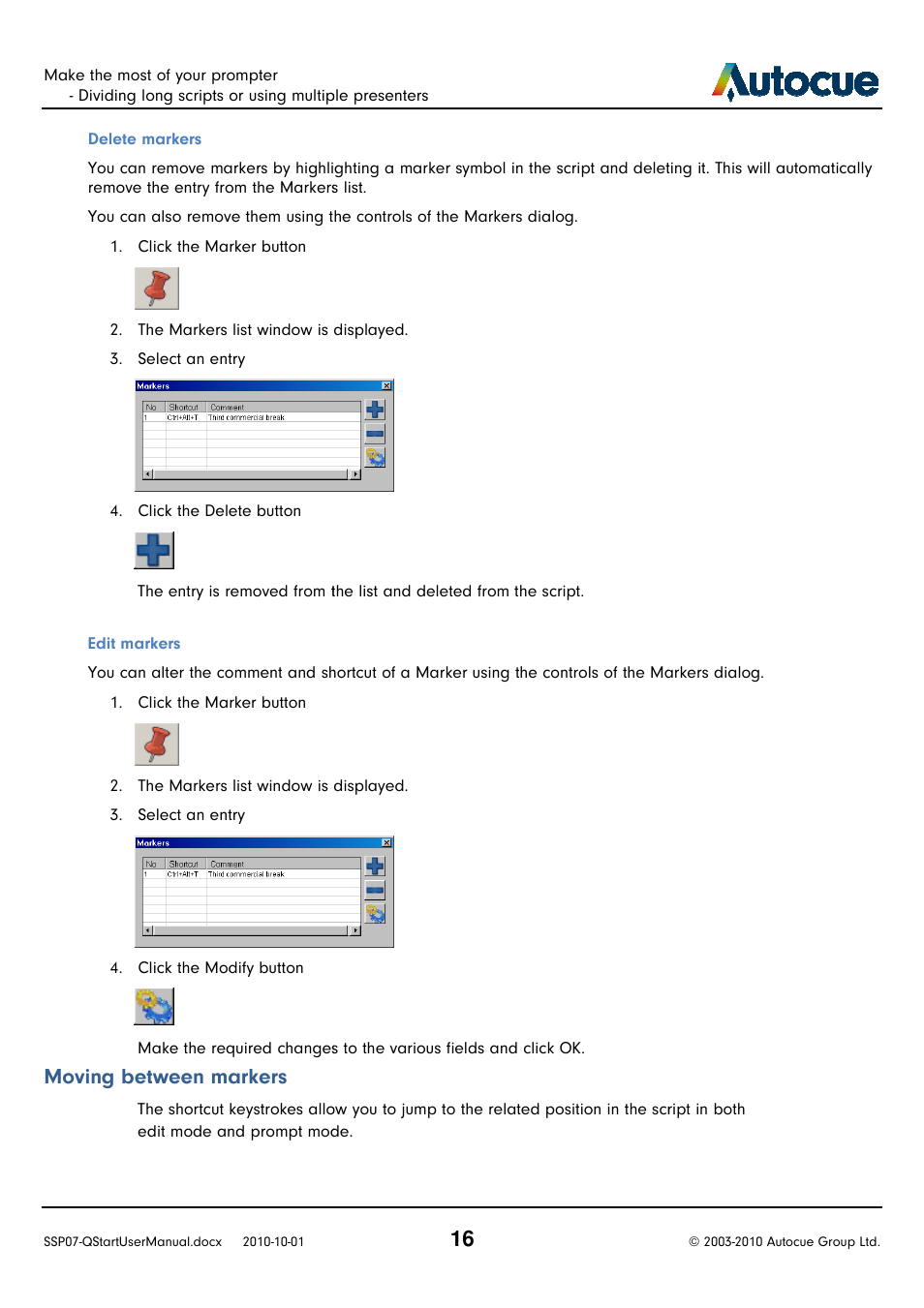 Moving between markers | Autocue SSP07 Quick Start User Manual | Page 16 / 26