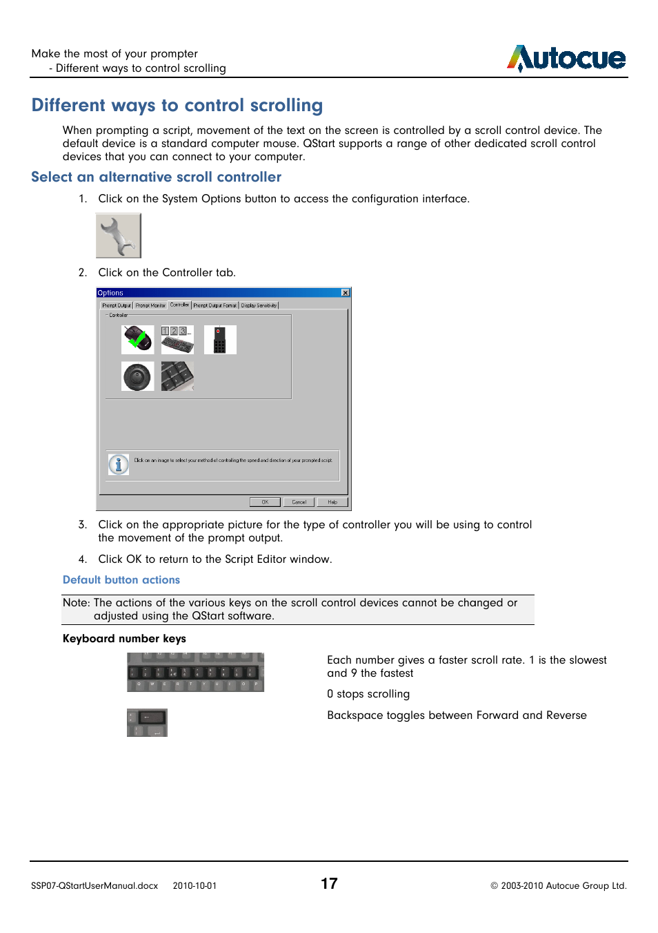 Different ways to control scrolling, Control scrolling, Select an alternative scroll controller | An alternative scroll controller | Autocue SSP07 Quick Start User Manual | Page 17 / 26