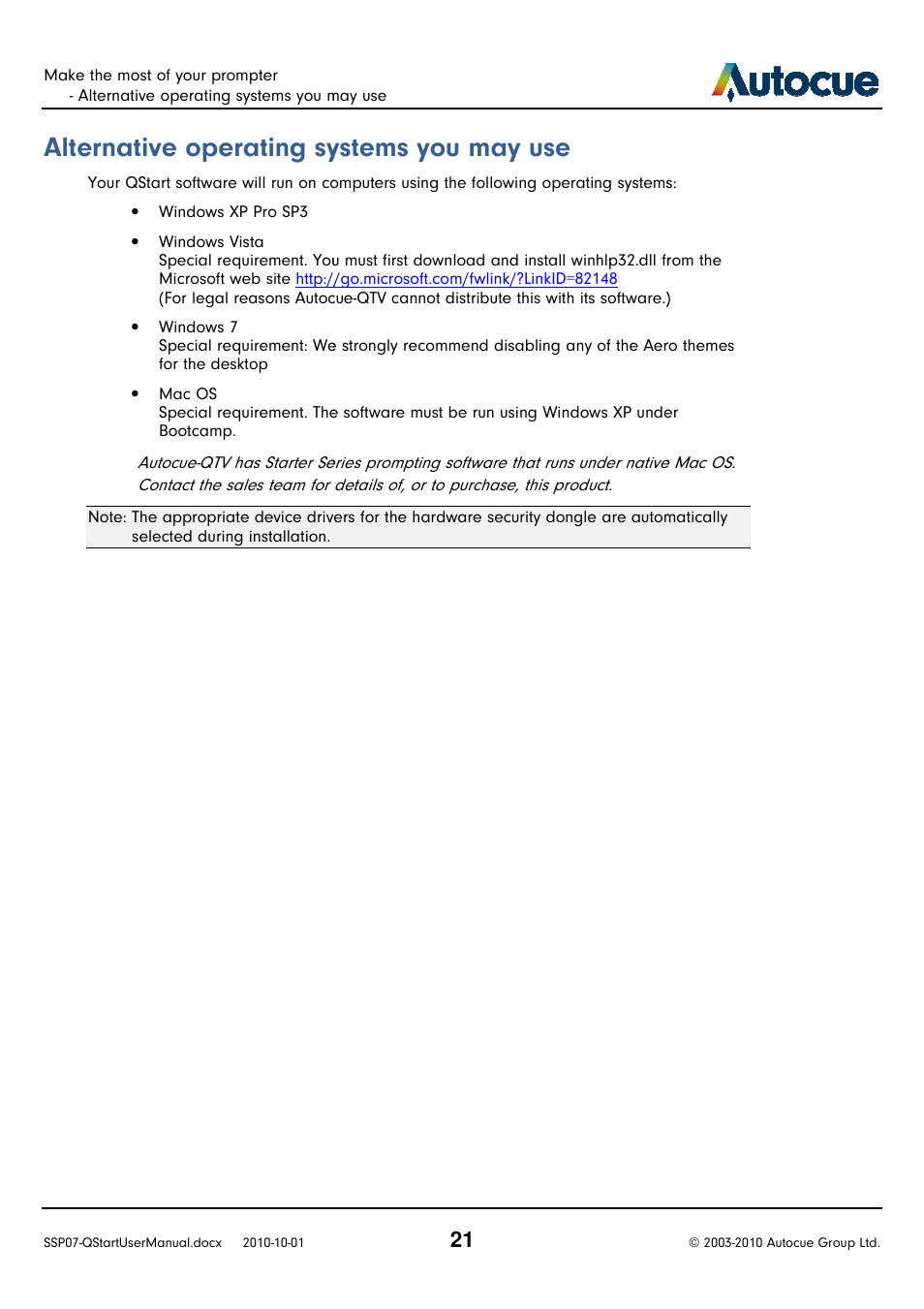 Alternative operating systems you may use | Autocue SSP07 Quick Start User Manual | Page 21 / 26