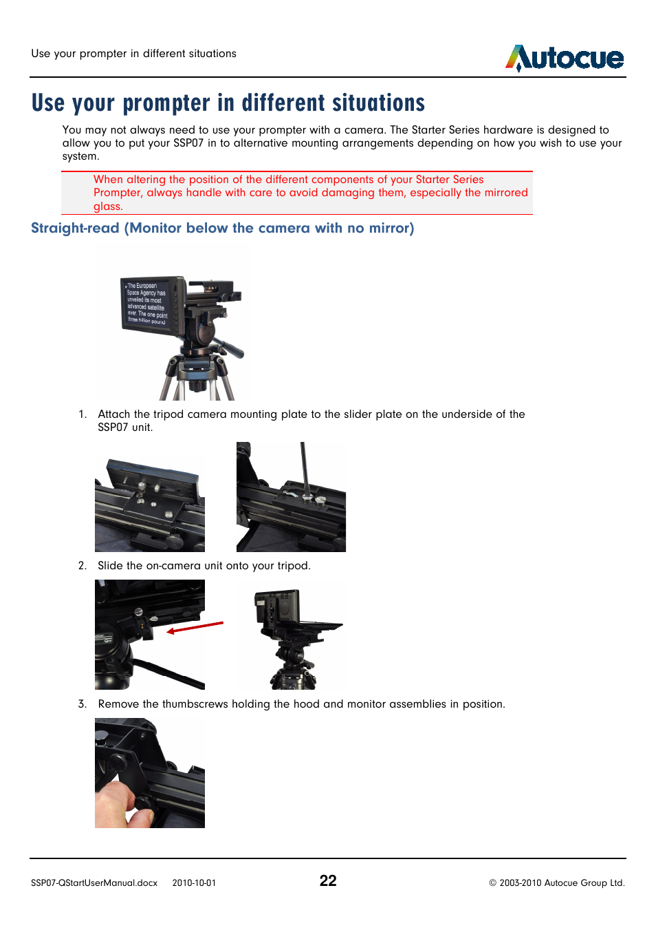 Use your prompter in different situations, Read (monitor below the camera with no mirror) | Autocue SSP07 Quick Start User Manual | Page 22 / 26
