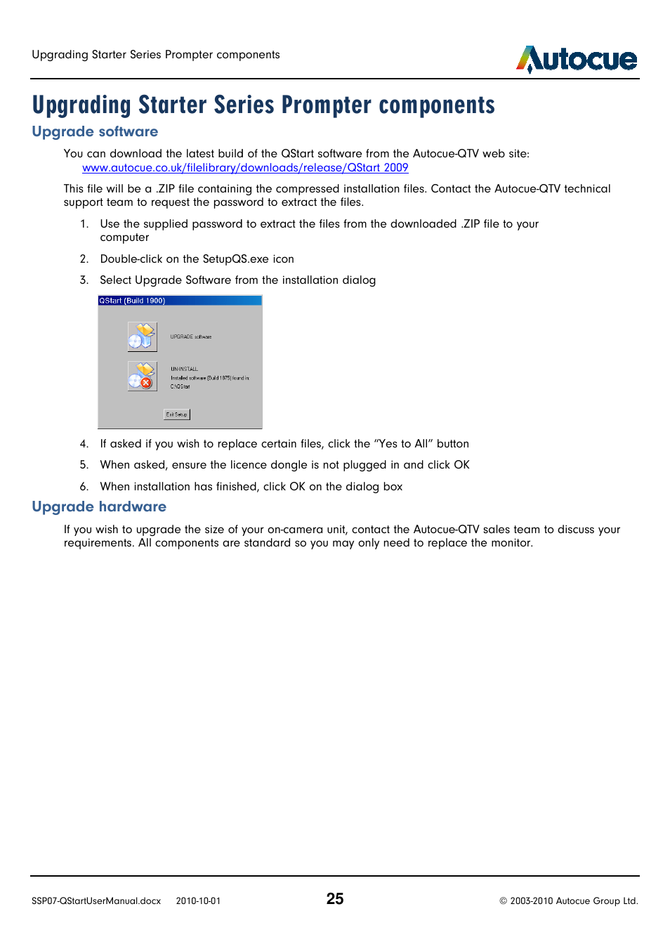 Upgrading starter series p, Upgrading starter series prompter components, Rompter components | Upgrade software, Upgrade hardware | Autocue SSP07 Quick Start User Manual | Page 25 / 26
