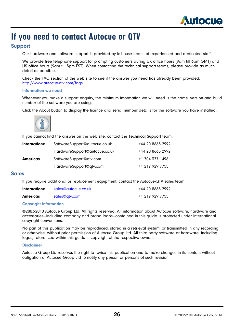 If you need to contact autocue or, If you need to contact autocue or qtv, Support | Sales | Autocue SSP07 Quick Start User Manual | Page 26 / 26