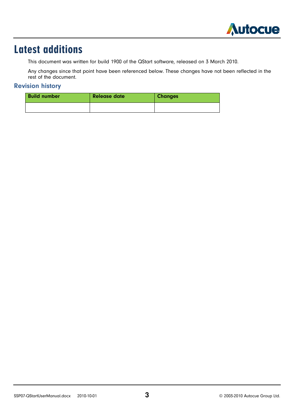 Latest additions, Revision history | Autocue SSP07 Quick Start User Manual | Page 3 / 26