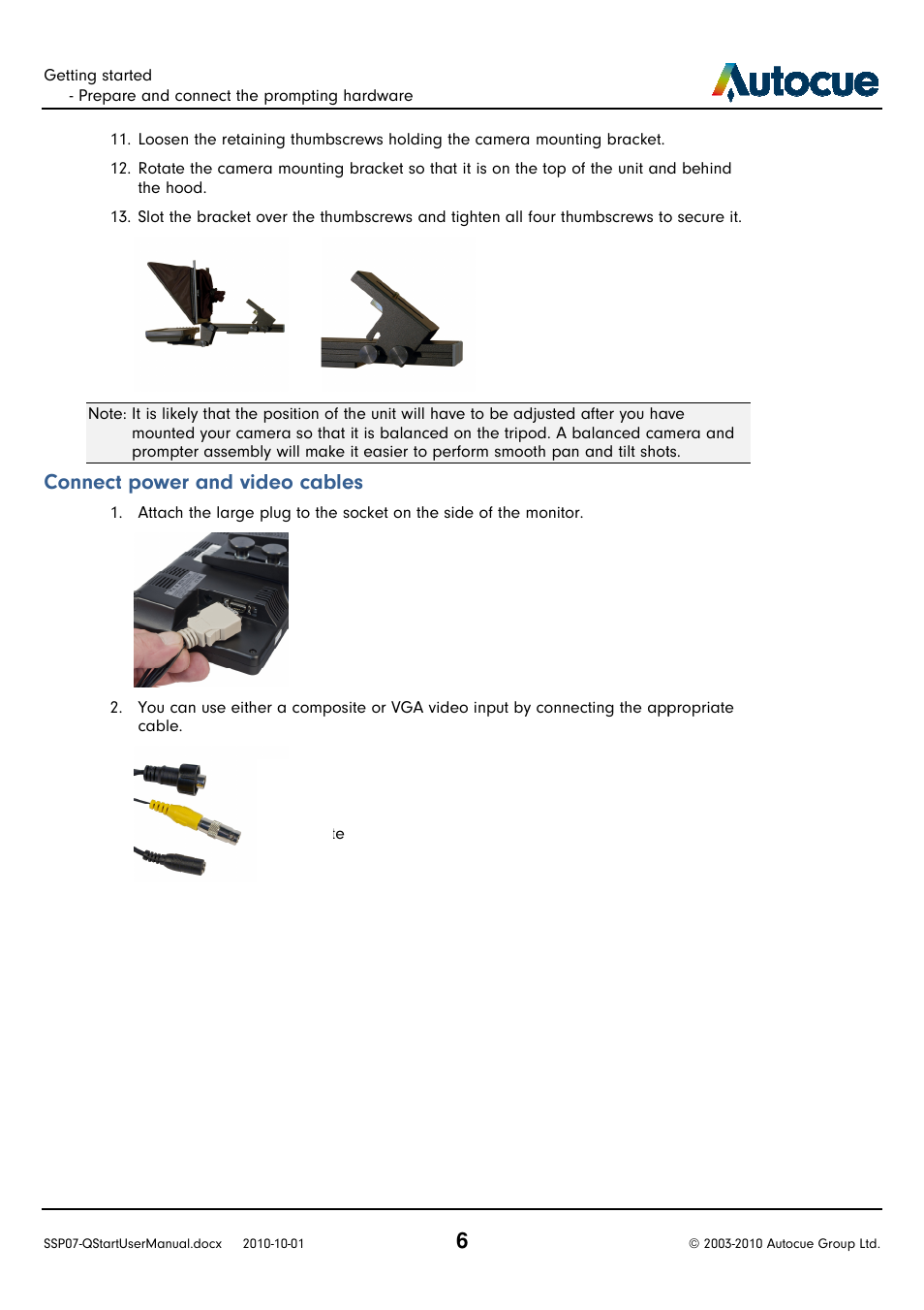 Connect power and video cables | Autocue SSP07 Quick Start User Manual | Page 6 / 26