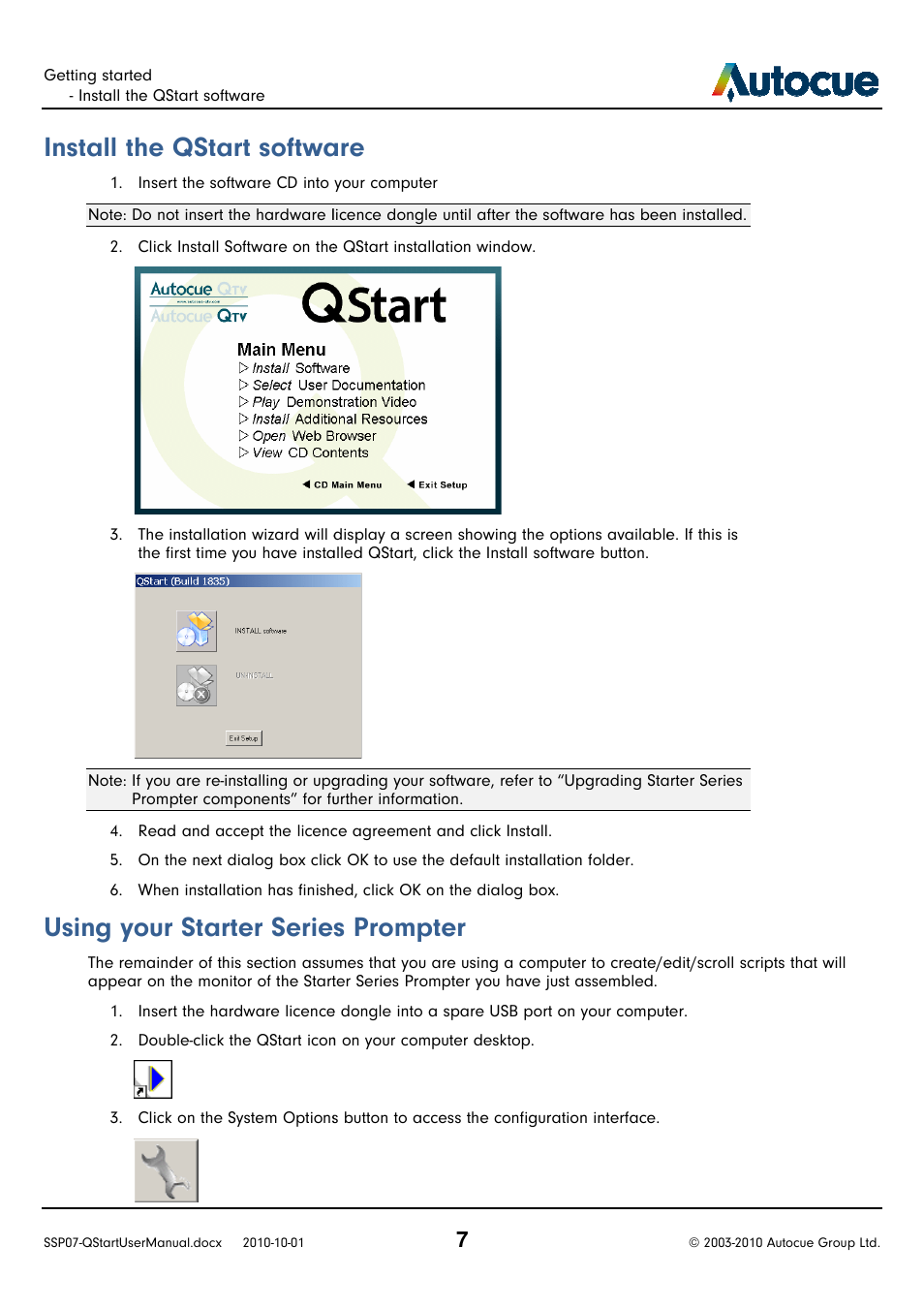 Install the qstart software, Using your starter series prompter, Software | Your starter series prompter | Autocue SSP07 Quick Start User Manual | Page 7 / 26