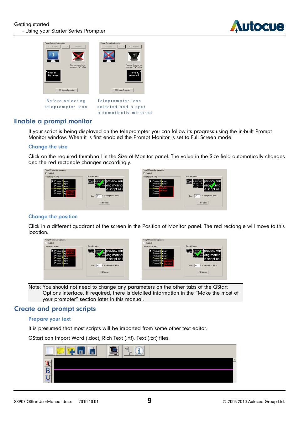 Enable a prompt monitor, Create and prompt scripts | Autocue SSP07 Quick Start User Manual | Page 9 / 26
