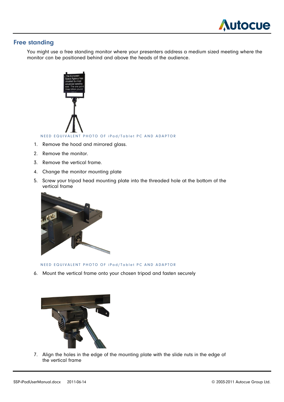 Free standing | Autocue SSP-iPad User Manual | Page 12 / 16