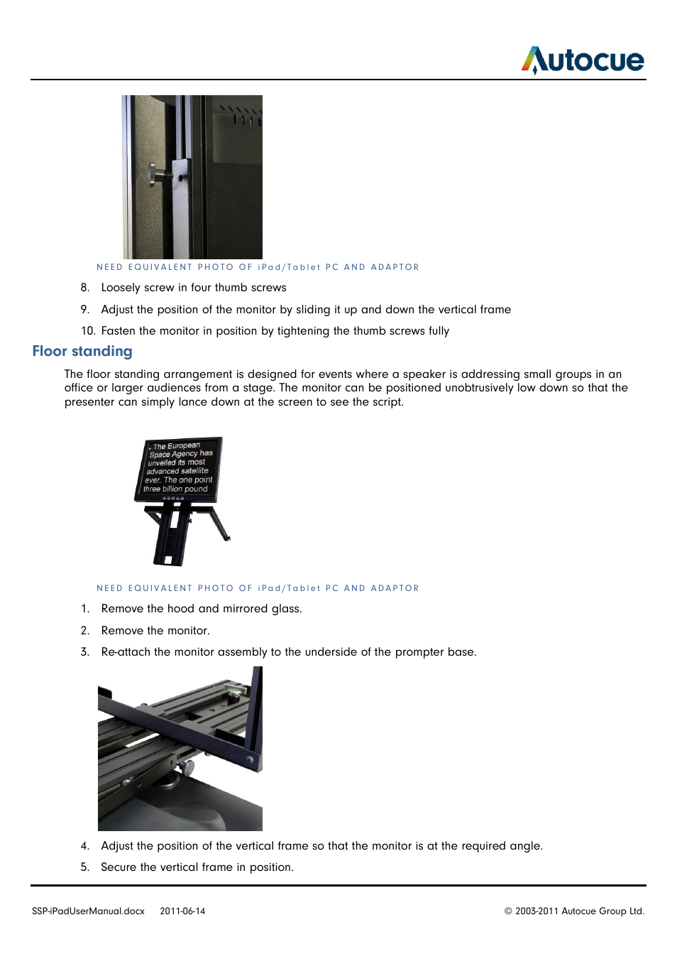 Floor standing | Autocue SSP-iPad User Manual | Page 13 / 16