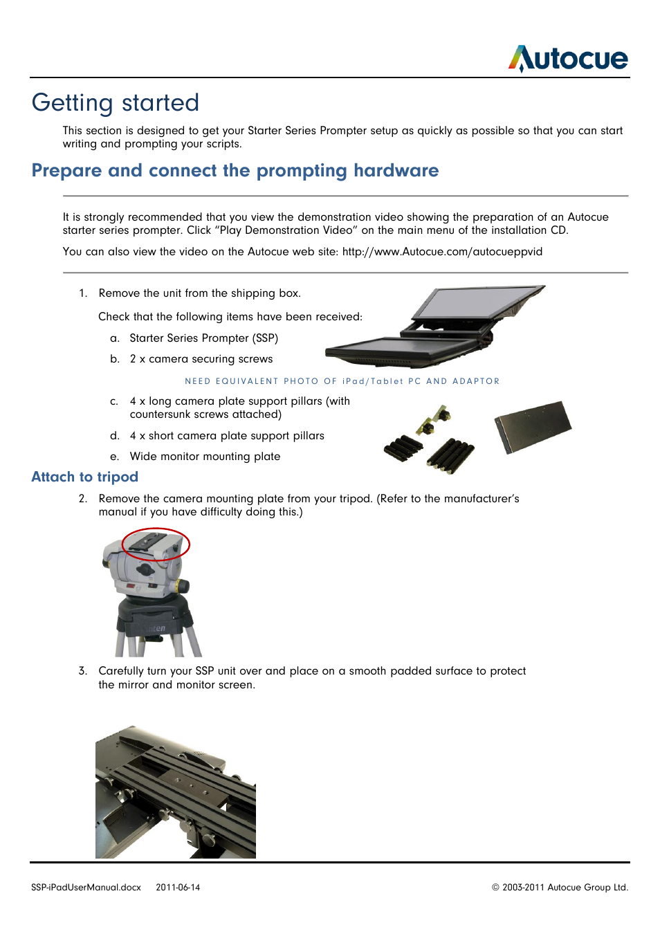 Getting started, Prepare and connect the prompting hardware, Attach to tripod | Ab c e d | Autocue SSP-iPad User Manual | Page 4 / 16