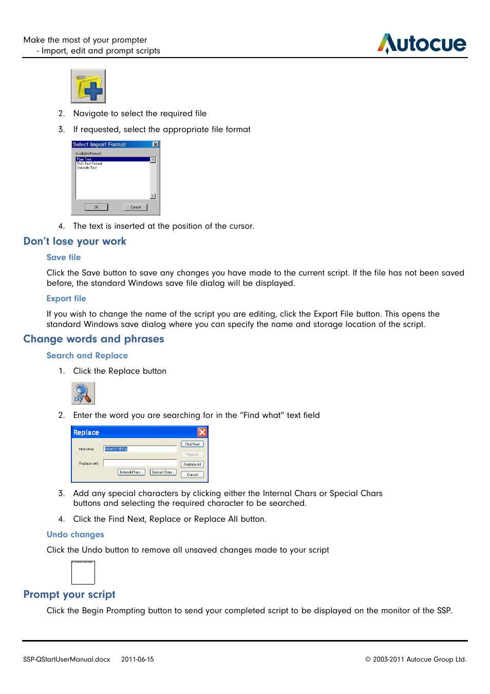 Don’t lose your work, Change words and phrases, Prompt your script | Autocue SSP10 Quick Start User Manual | Page 14 / 34