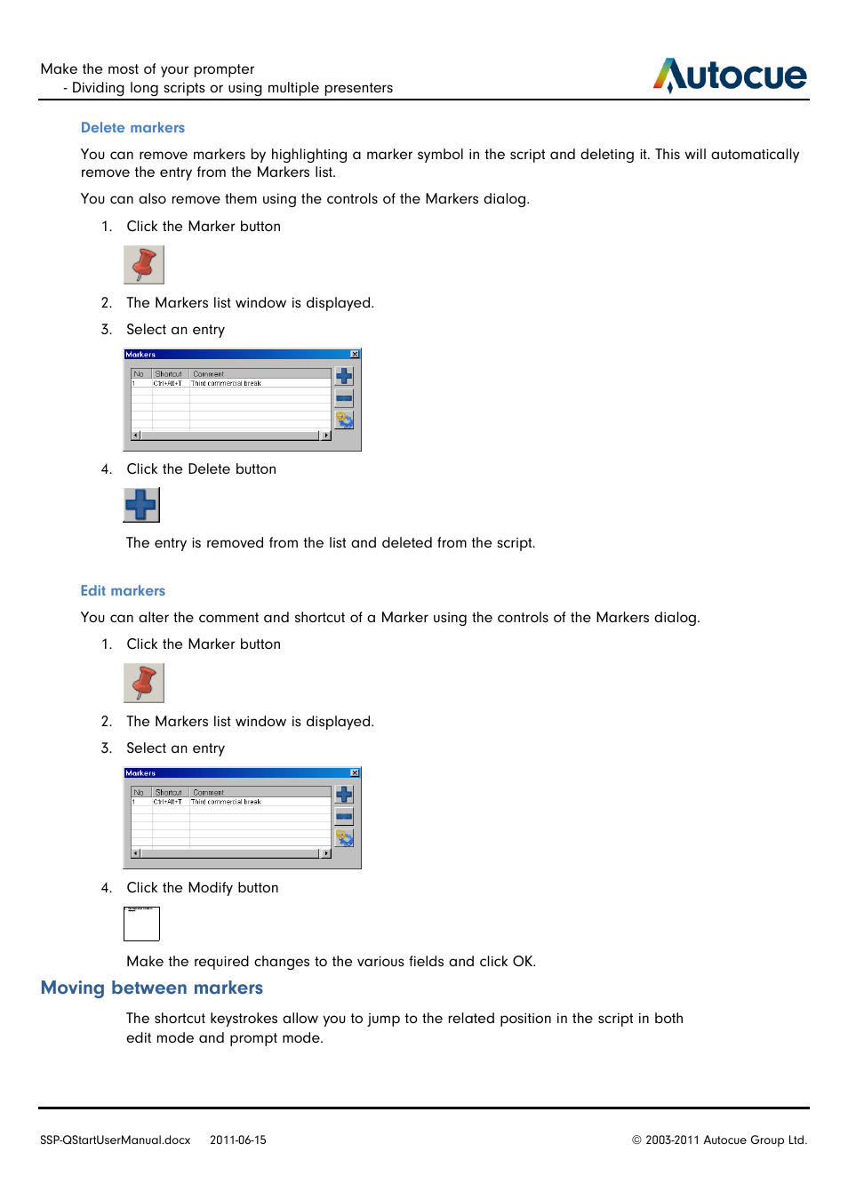 Moving between markers | Autocue SSP10 Quick Start User Manual | Page 18 / 34