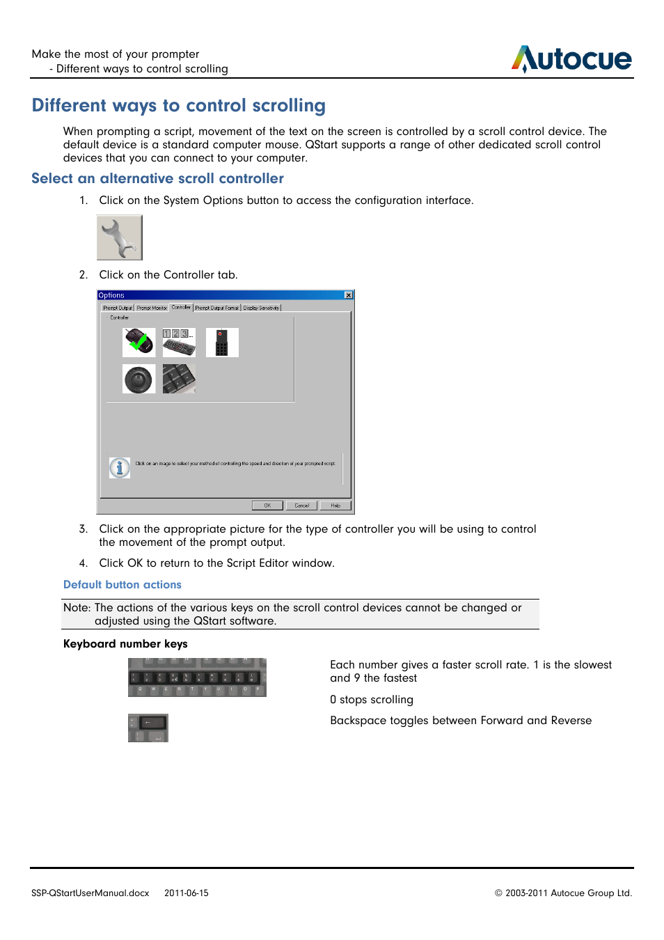 Different ways to control scrolling, Select an alternative scroll controller | Autocue SSP10 Quick Start User Manual | Page 19 / 34