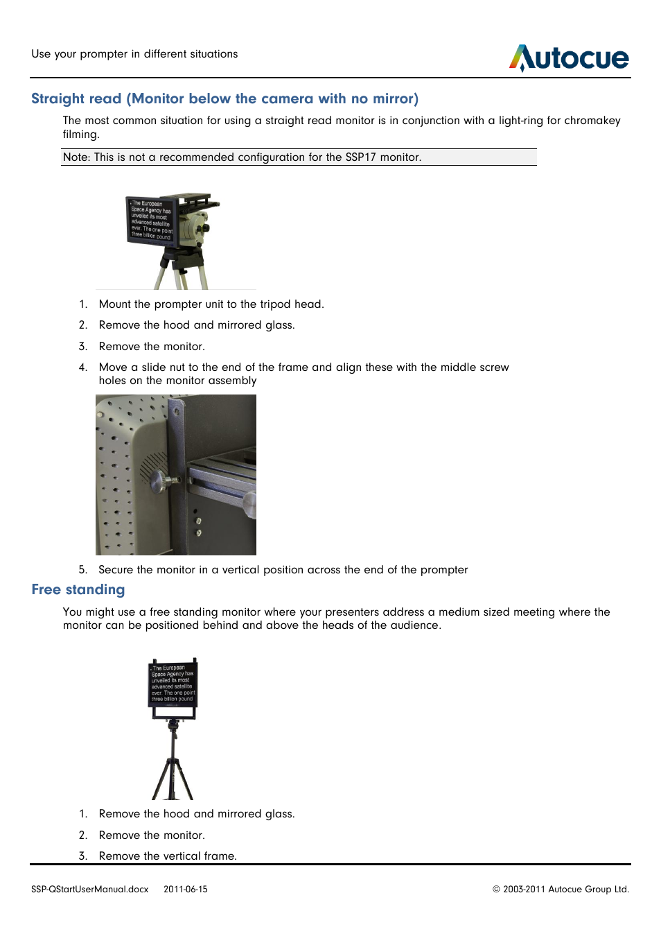 Free standing | Autocue SSP10 Quick Start User Manual | Page 28 / 34