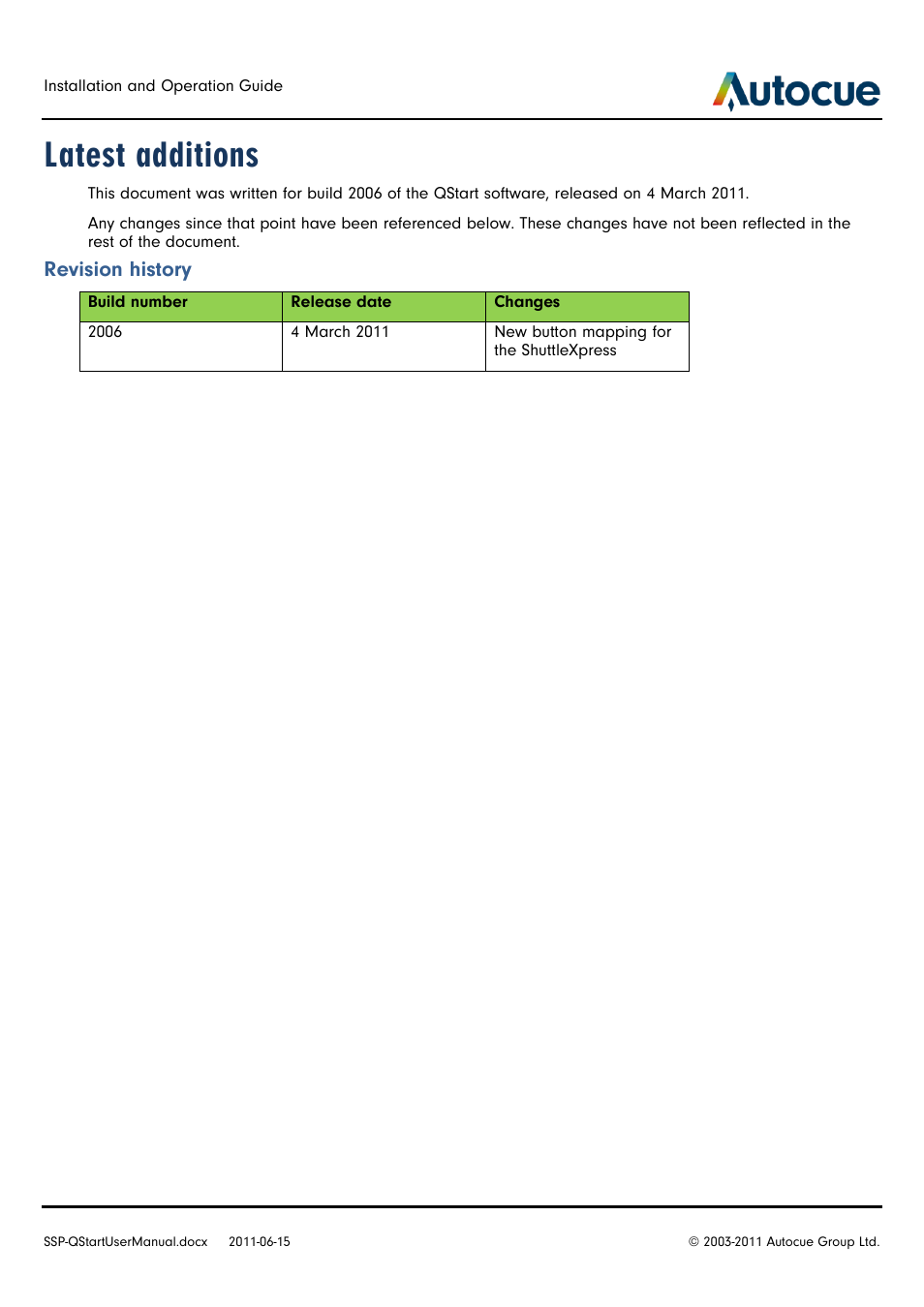 Latest additions, Revision history | Autocue SSP10 Quick Start User Manual | Page 3 / 34