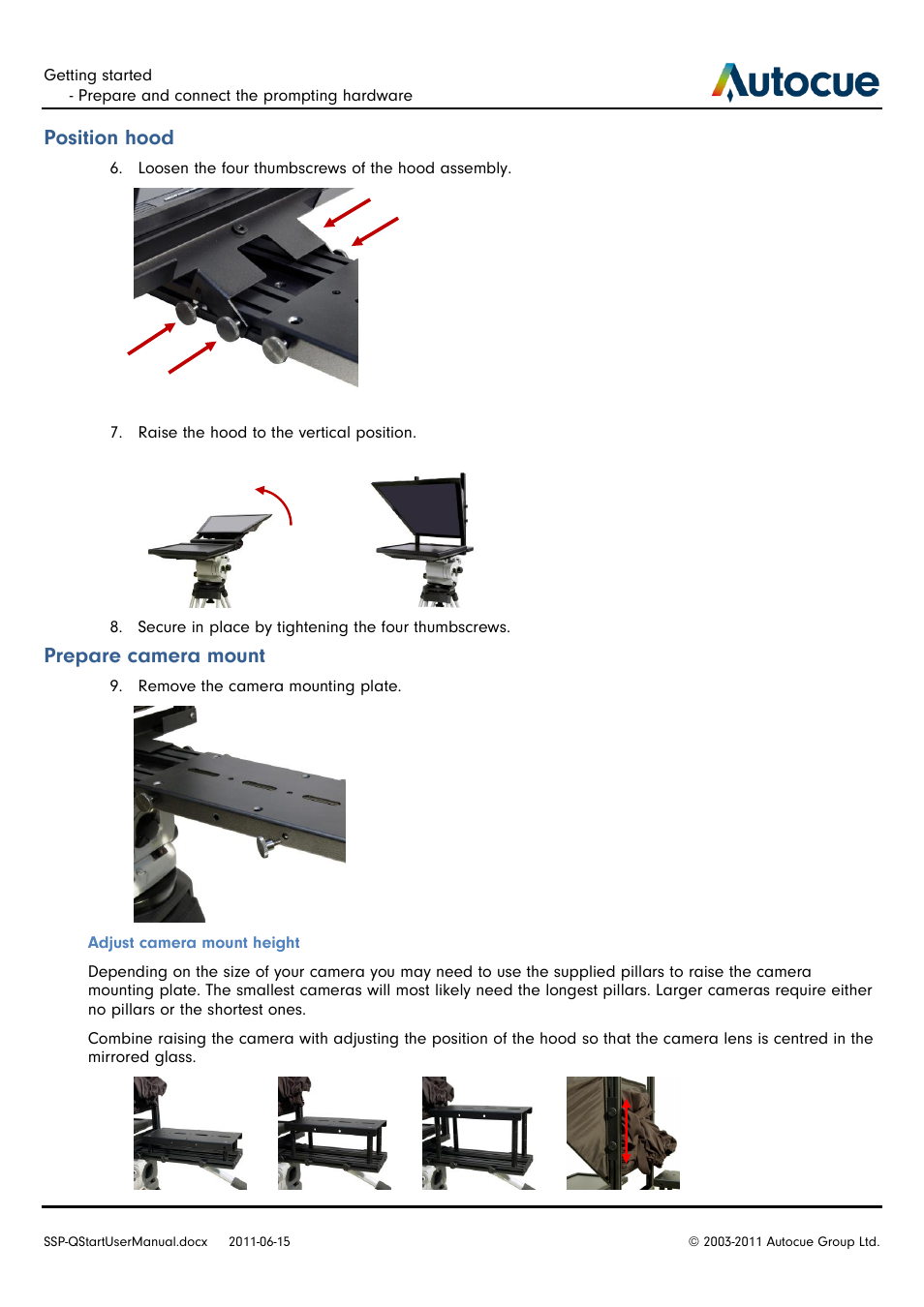 Position hood, Prepare camera mount | Autocue SSP10 Quick Start User Manual | Page 6 / 34