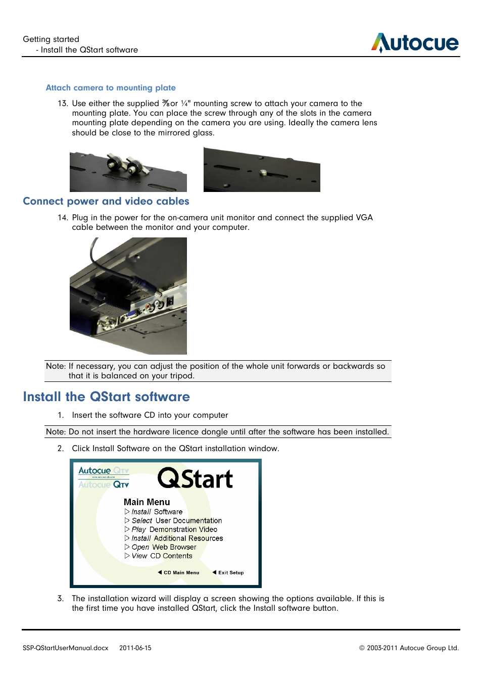 Install the qstart software, Connect power and video cables | Autocue SSP10 Quick Start User Manual | Page 8 / 34