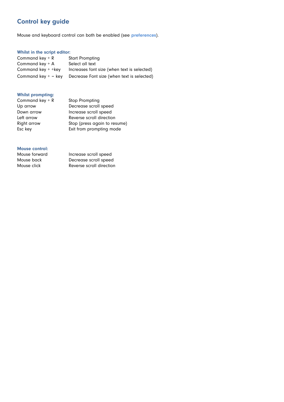 Control key guide | Autocue QStart MAC Version 1.0 (35) User Manual | Page 12 / 18