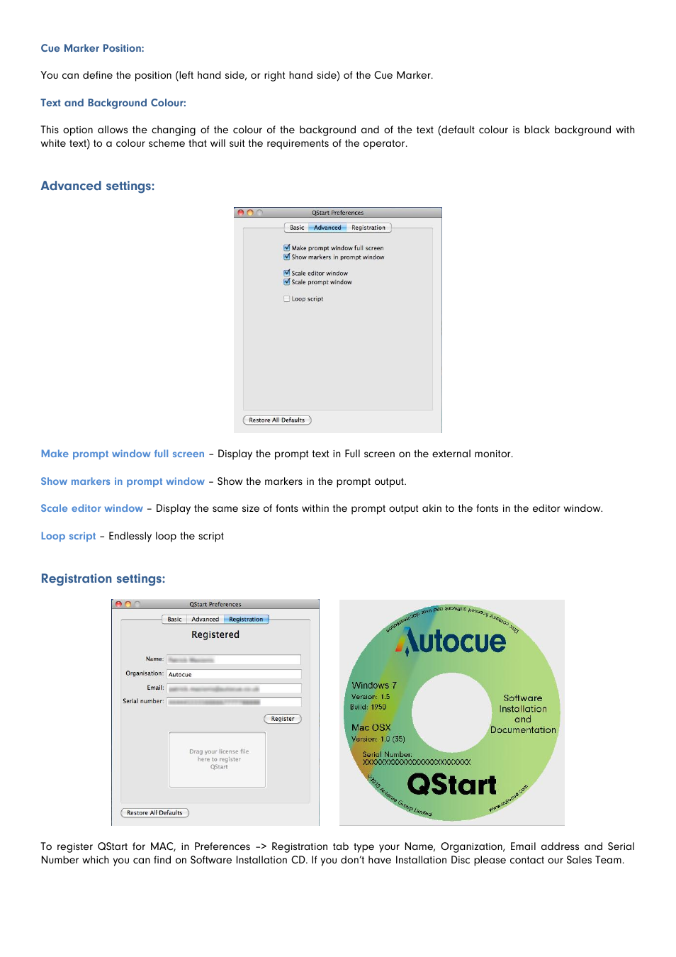 Advanced settings, Registration settings | Autocue QStart MAC Version 1.0 (35) User Manual | Page 17 / 18