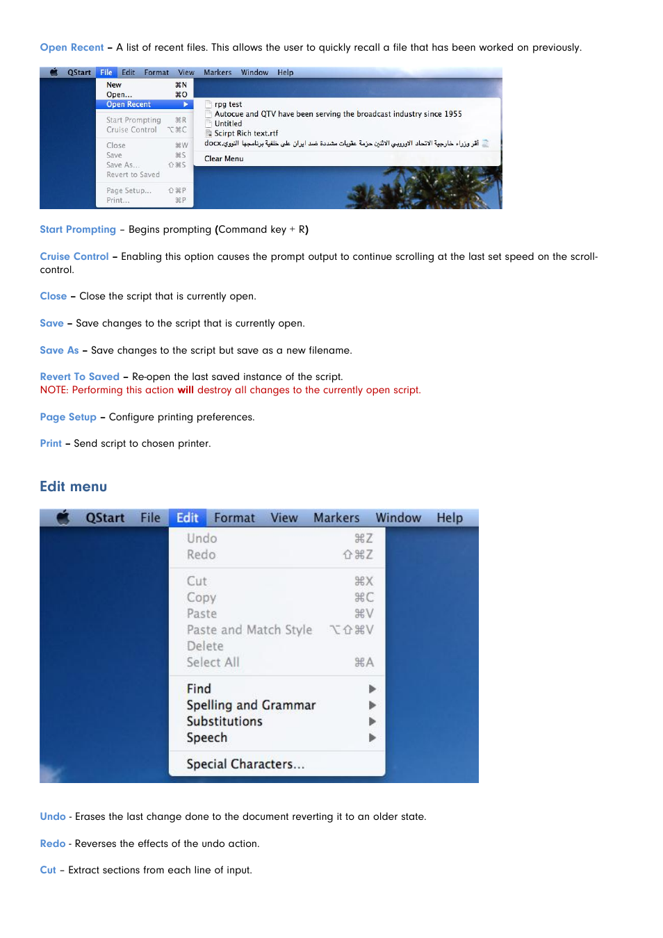 Edit menu | Autocue QStart MAC Version 1.0 (35) User Manual | Page 7 / 18