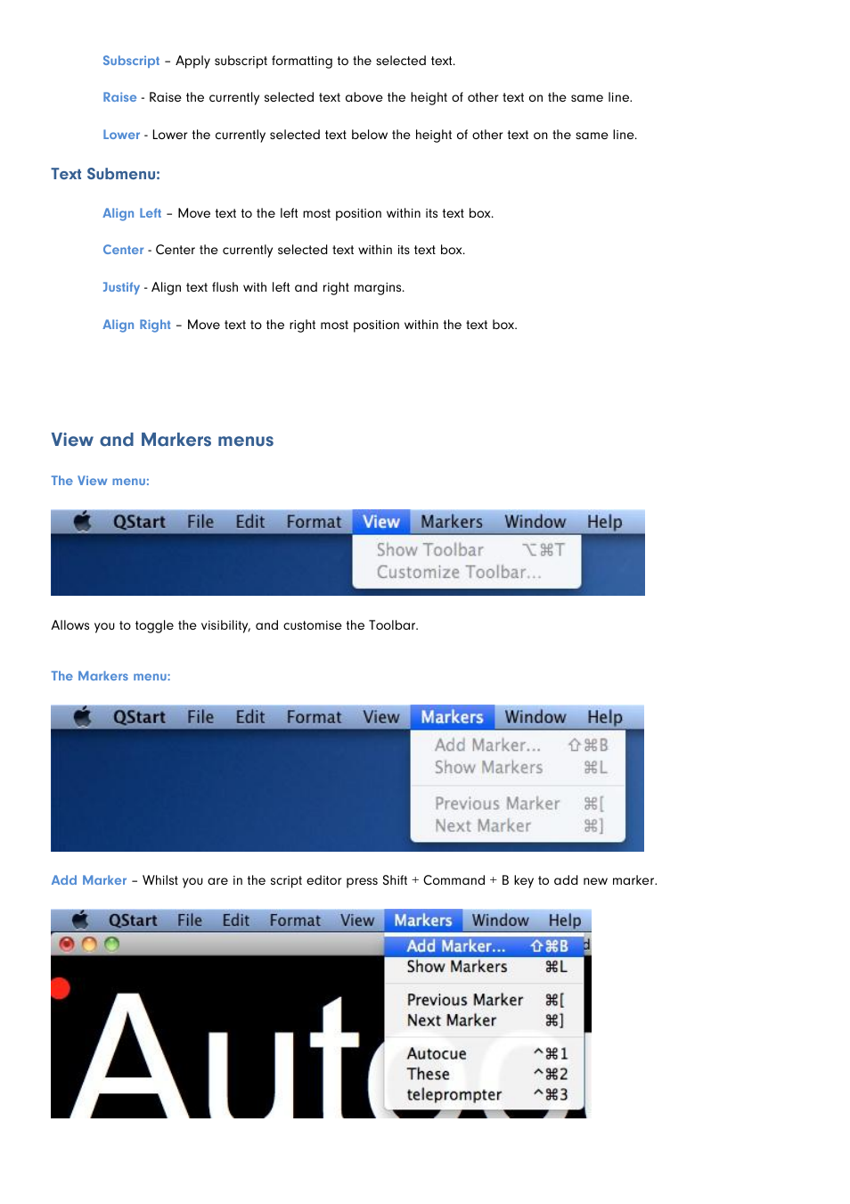 View and markers menus | Autocue QStart MAC Version 1.0 (35) User Manual | Page 9 / 18
