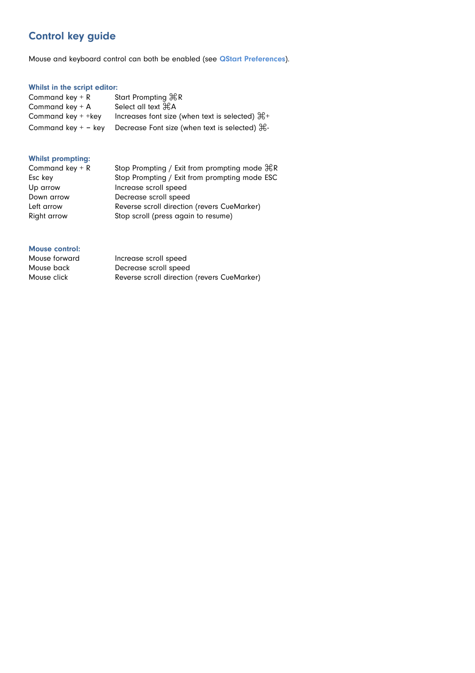 Control key guide | Autocue QStart MAC Version 1.1 (46) User Manual | Page 13 / 21