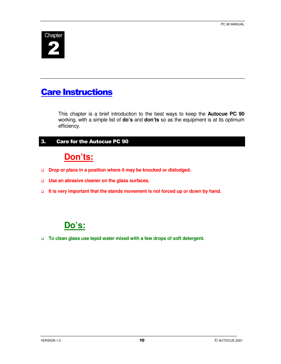Care instructions, Don’ts, Do’s | Autocue PC 90 User Manual | Page 10 / 13