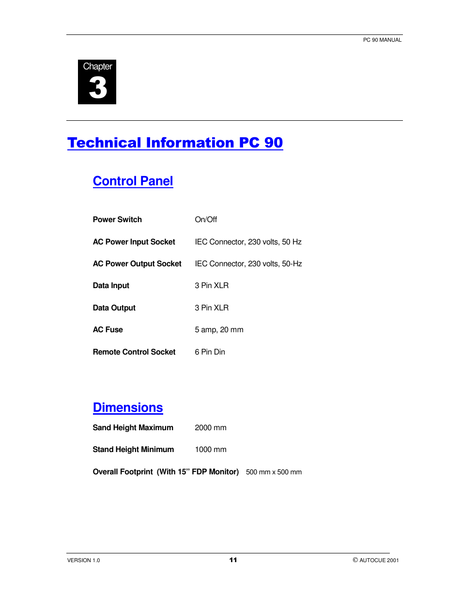 Technical information pc 90, Control panel, Dimensions | Autocue PC 90 User Manual | Page 11 / 13