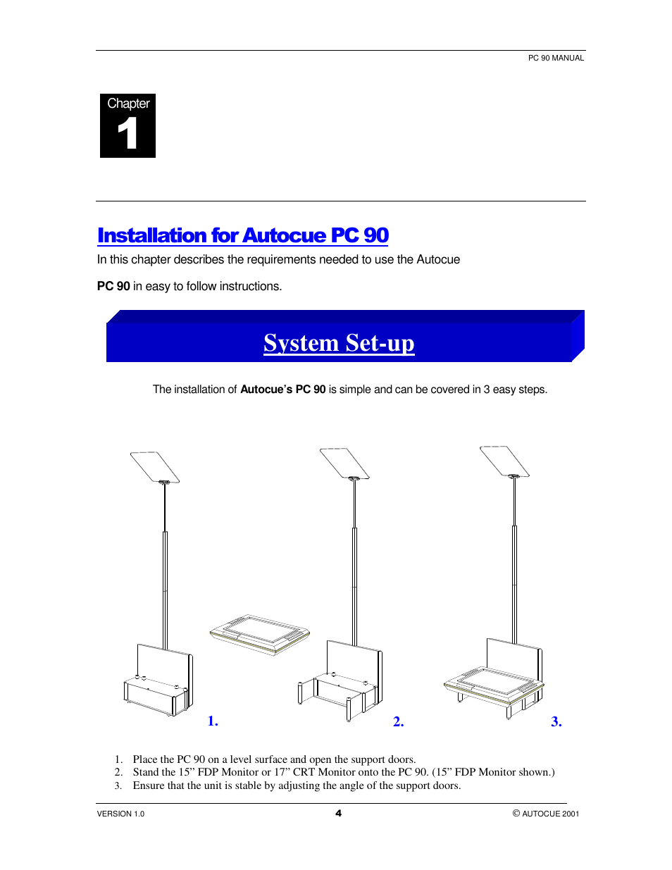 System set-up, Installation for autocue pc 90 | Autocue PC 90 User Manual | Page 4 / 13