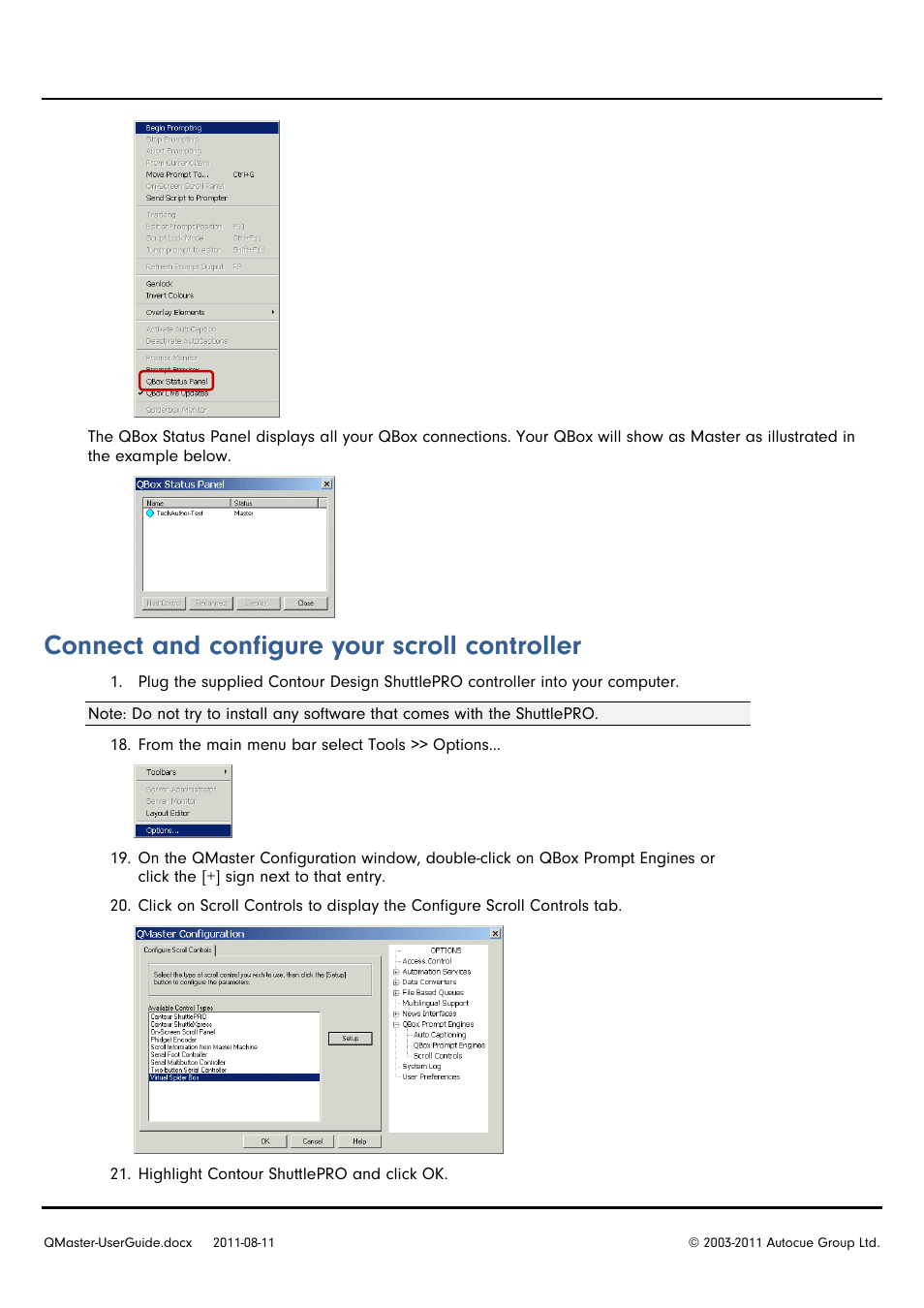 Connect and configure your scroll controller | Autocue QMaster User Manual | Page 11 / 75