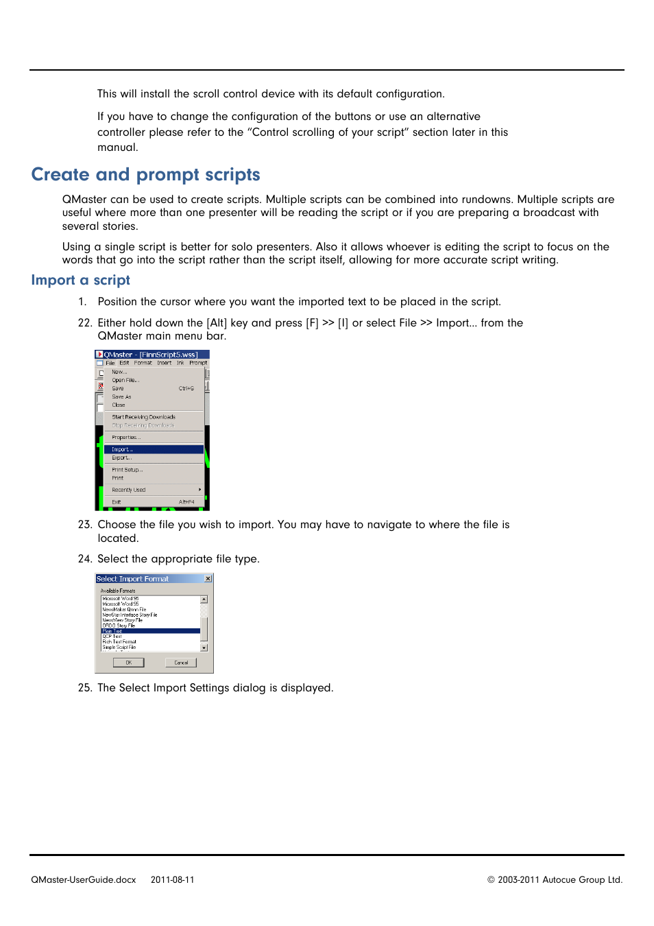 Create and prompt scripts, Import a script | Autocue QMaster User Manual | Page 12 / 75