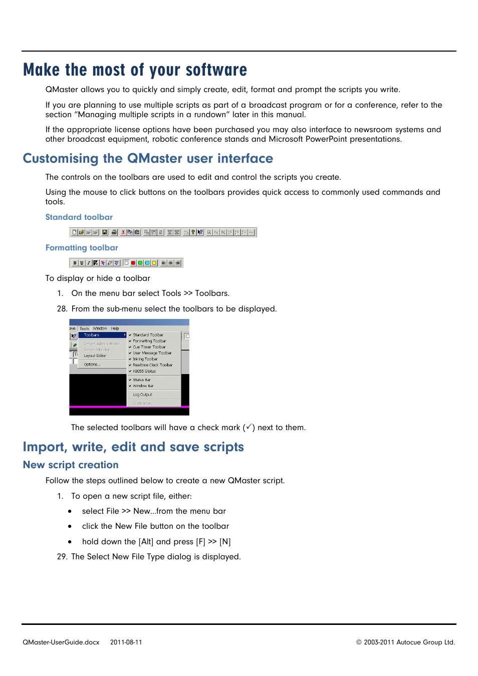 Make the most of your software, Customising the qmaster user interface, Import, write, edit and save scripts | New script creation | Autocue QMaster User Manual | Page 14 / 75