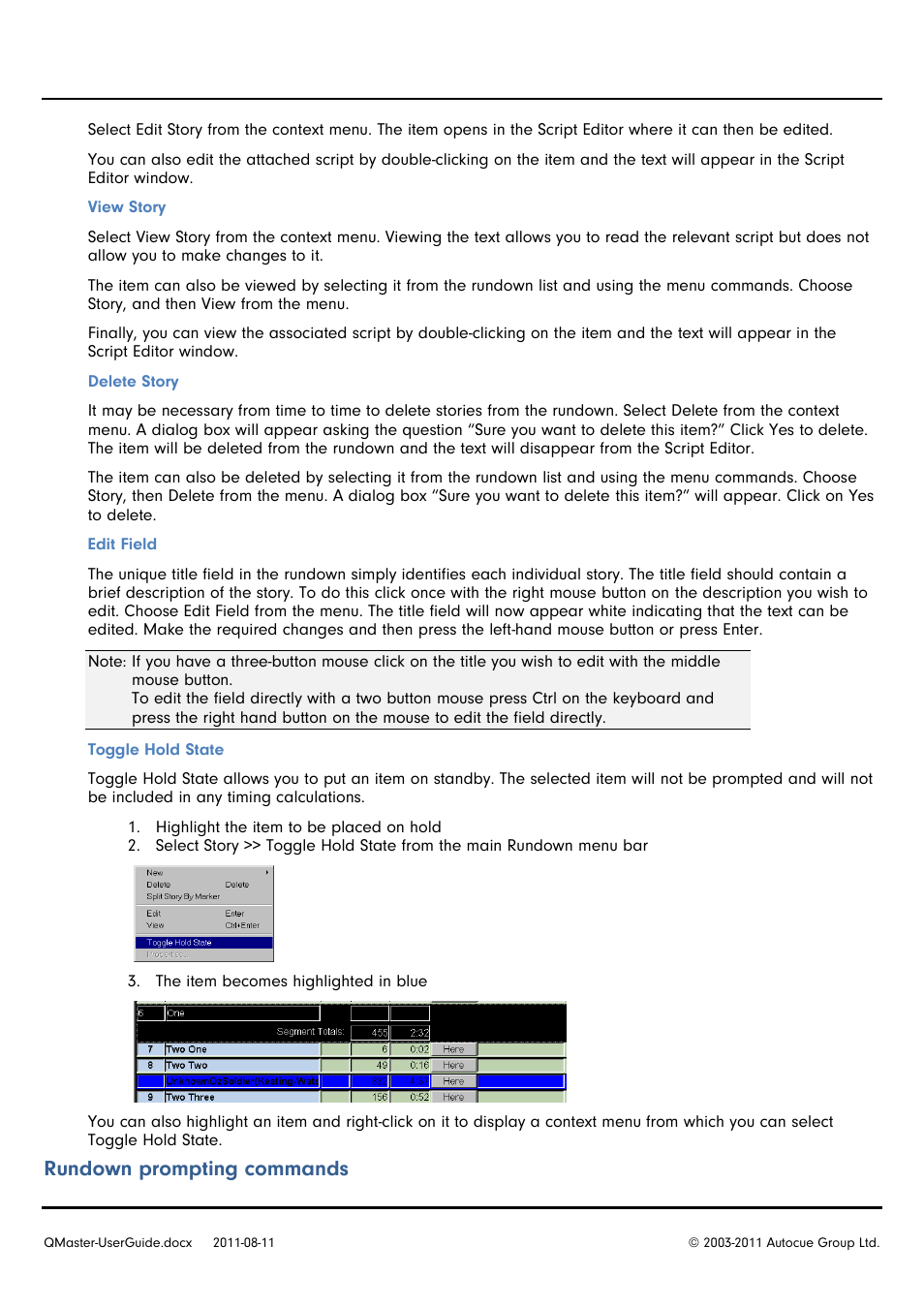 Rundown prompting commands | Autocue QMaster User Manual | Page 23 / 75