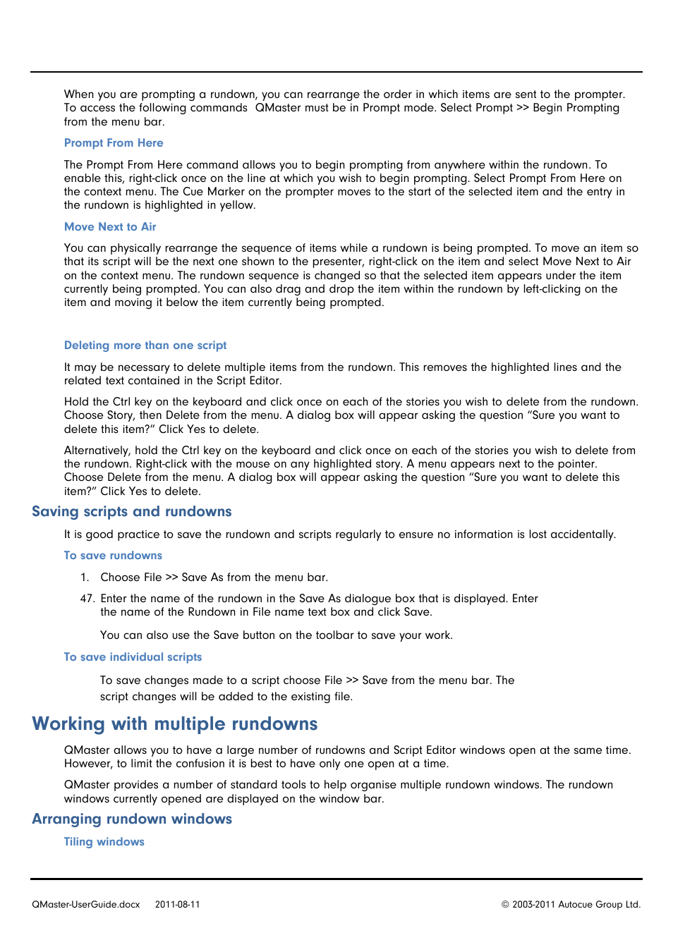 Working with multiple rundowns, Saving scripts and rundowns, Arranging rundown windows | Autocue QMaster User Manual | Page 24 / 75