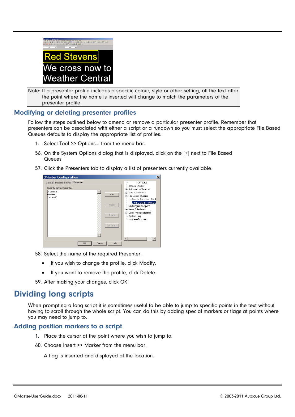 Dividing long scripts, Modifying or deleting presenter profiles, Adding position markers to a script | Autocue QMaster User Manual | Page 28 / 75