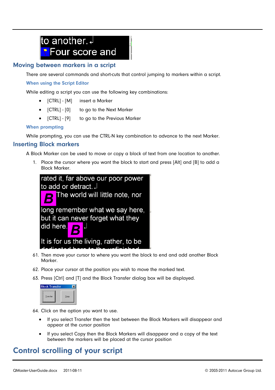 Control scrolling of your script, Moving between markers in a script, Inserting block markers | Autocue QMaster User Manual | Page 29 / 75