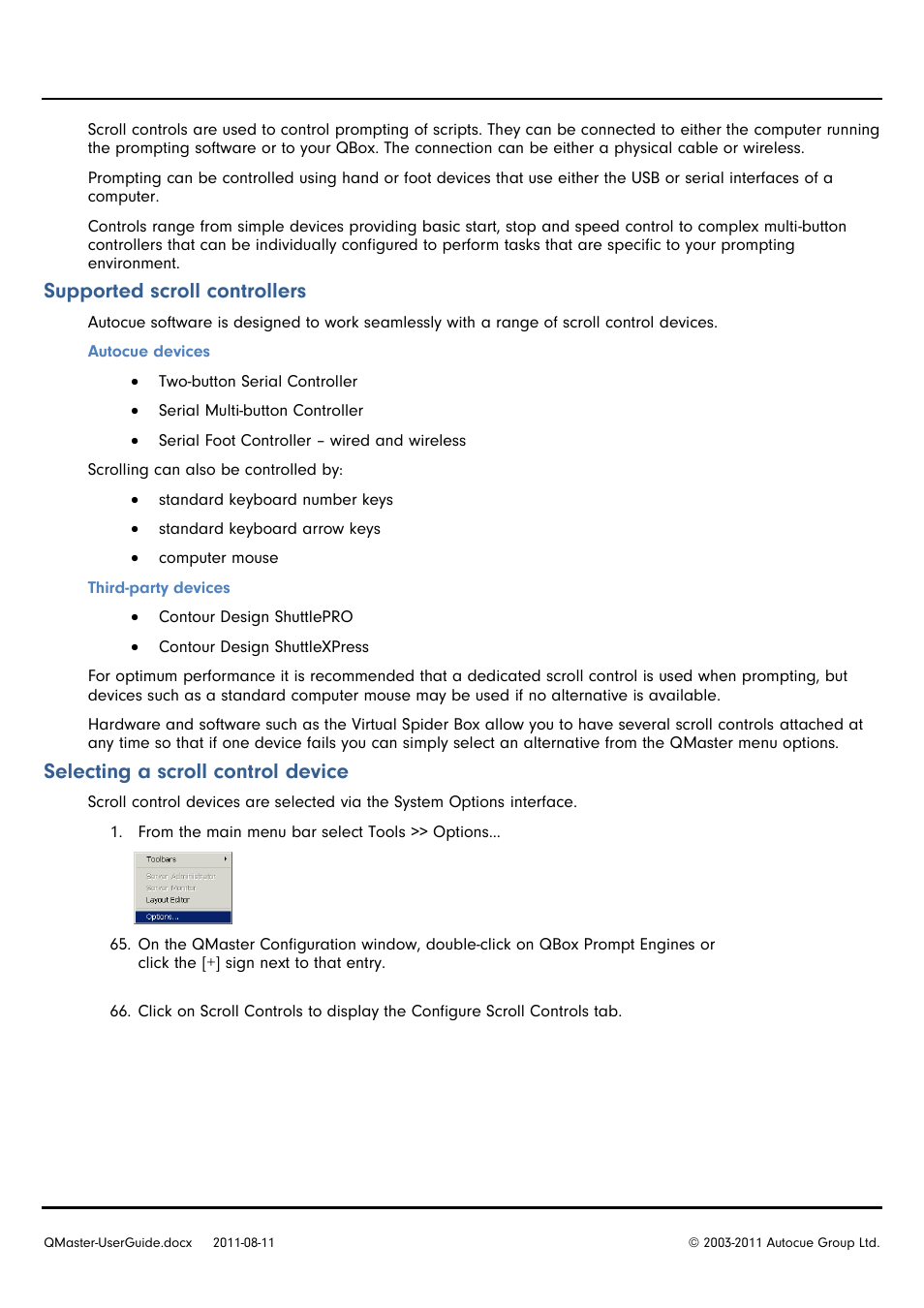 Supported scroll controllers, Selecting a scroll control device | Autocue QMaster User Manual | Page 30 / 75