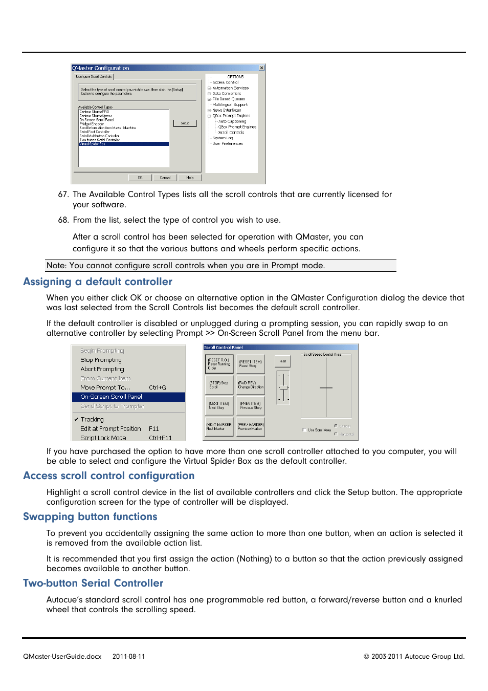 Assigning a default controller, Access scroll control configuration, Swapping button functions | Two-button serial controller | Autocue QMaster User Manual | Page 31 / 75