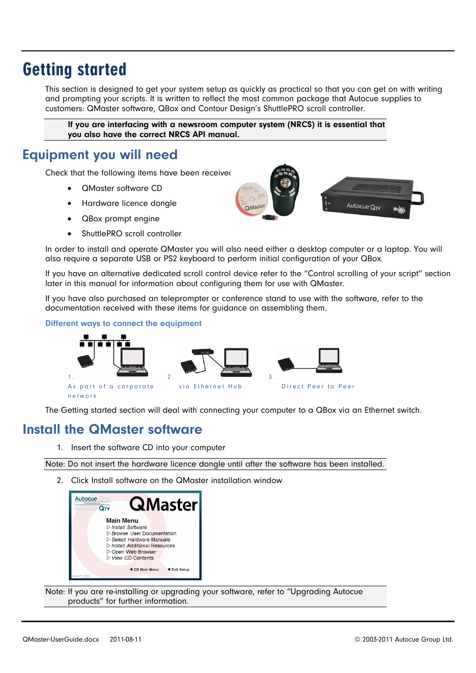 Getting started, Equipment you will need, Install the qmaster software | Autocue QMaster User Manual | Page 4 / 75