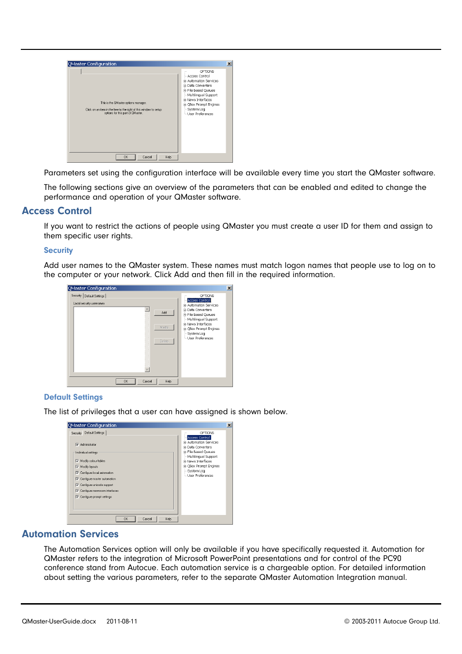 Access control, Automation services | Autocue QMaster User Manual | Page 44 / 75