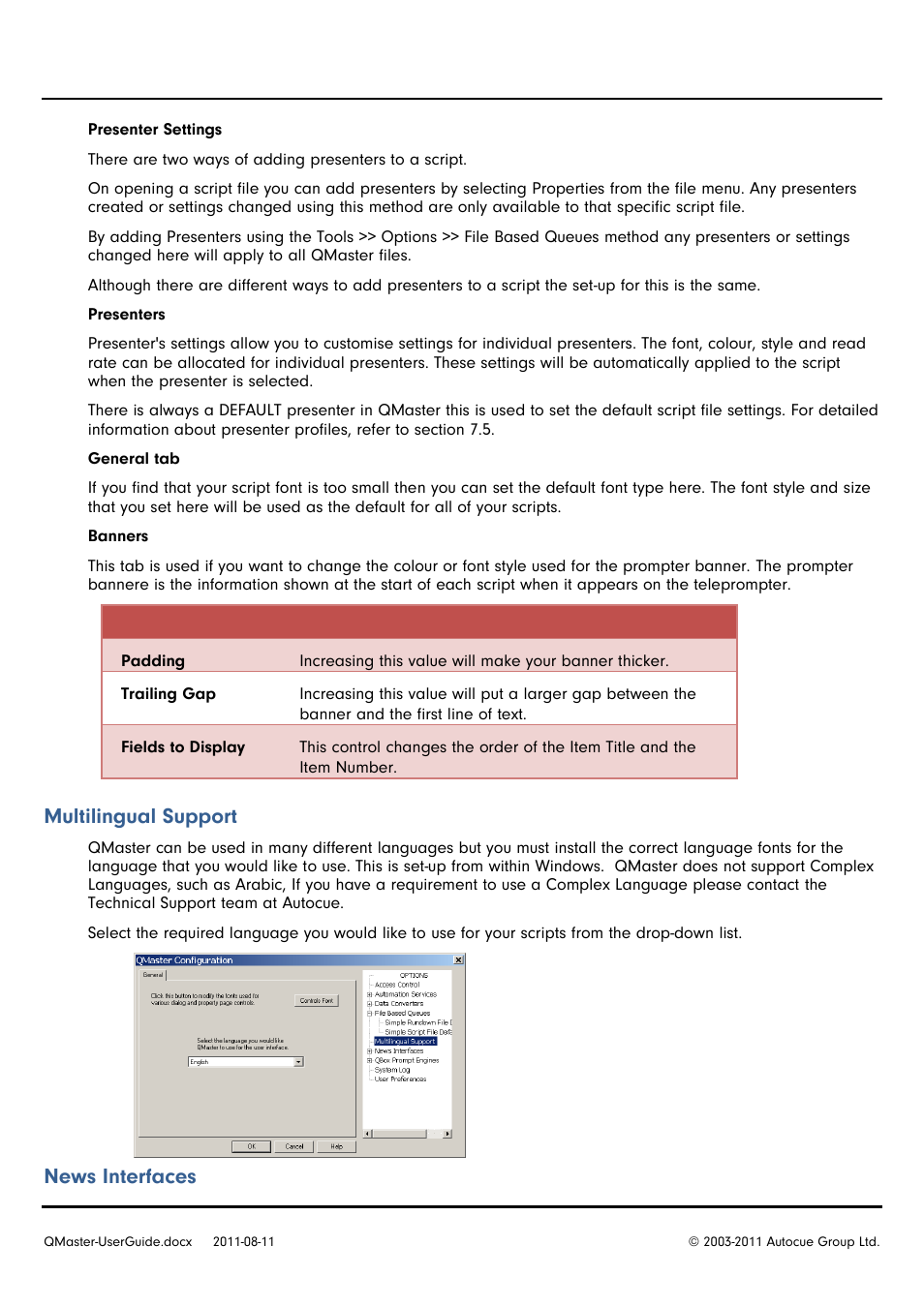 Multilingual support, News interfaces | Autocue QMaster User Manual | Page 48 / 75