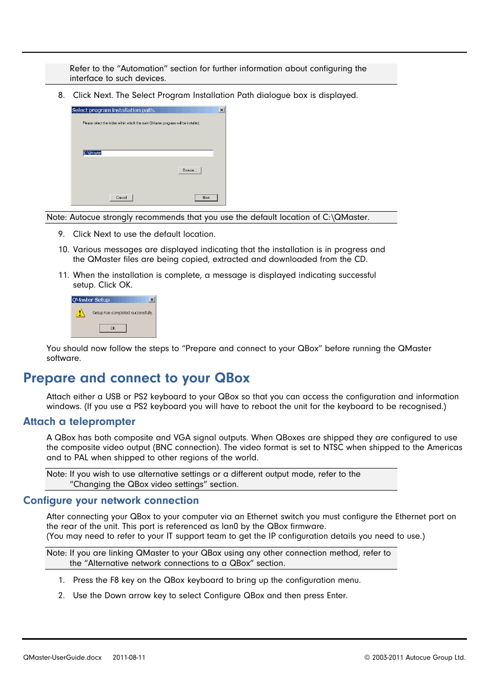 Prepare and connect to your qbox, Attach a teleprompter, Configure your network connection | Autocue QMaster User Manual | Page 6 / 75