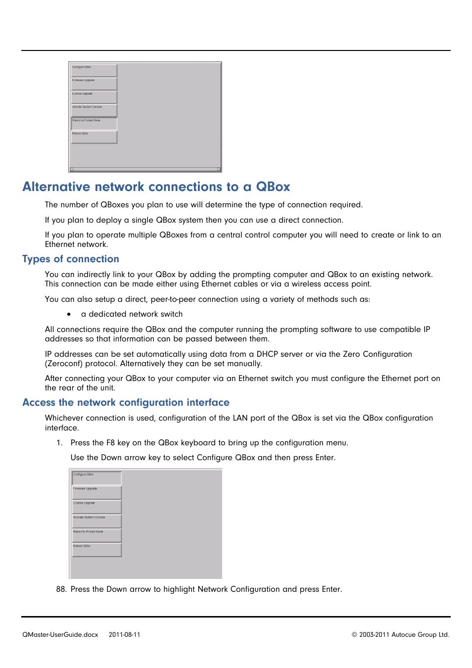 Alternative network connections to a qbox, Types of connection, Access the network configuration interface | Autocue QMaster User Manual | Page 60 / 75