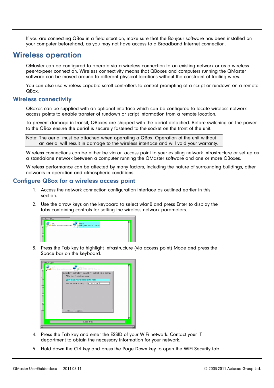Wireless operation, Wireless connectivity, Configure qbox for a wireless access point | Autocue QMaster User Manual | Page 65 / 75