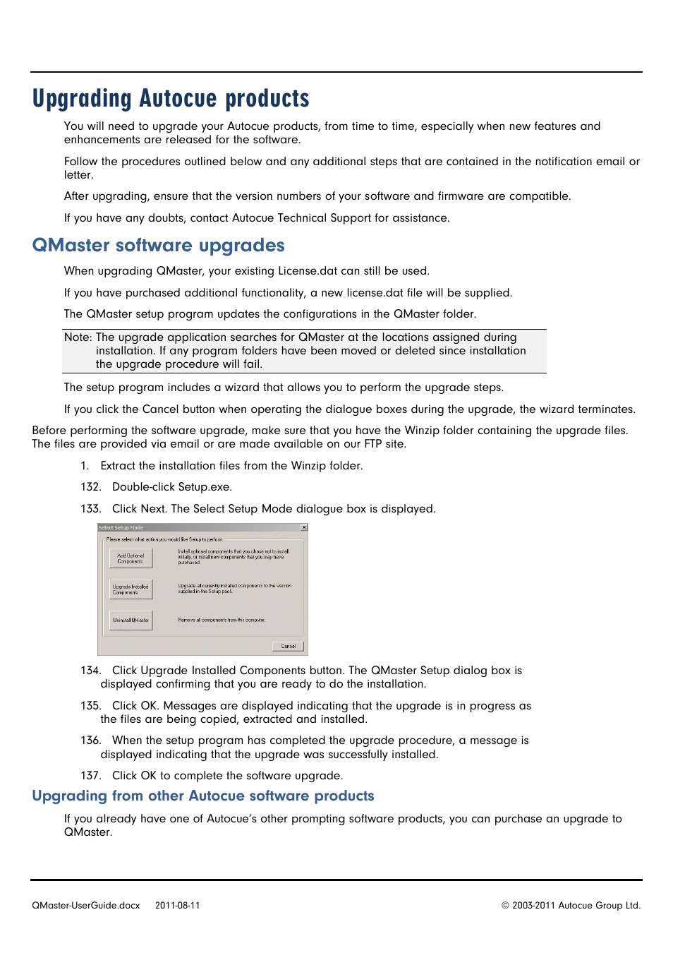 Upgrading autocue products, Qmaster software upgrades, Upgrading from other autocue software products | Autocue QMaster User Manual | Page 72 / 75