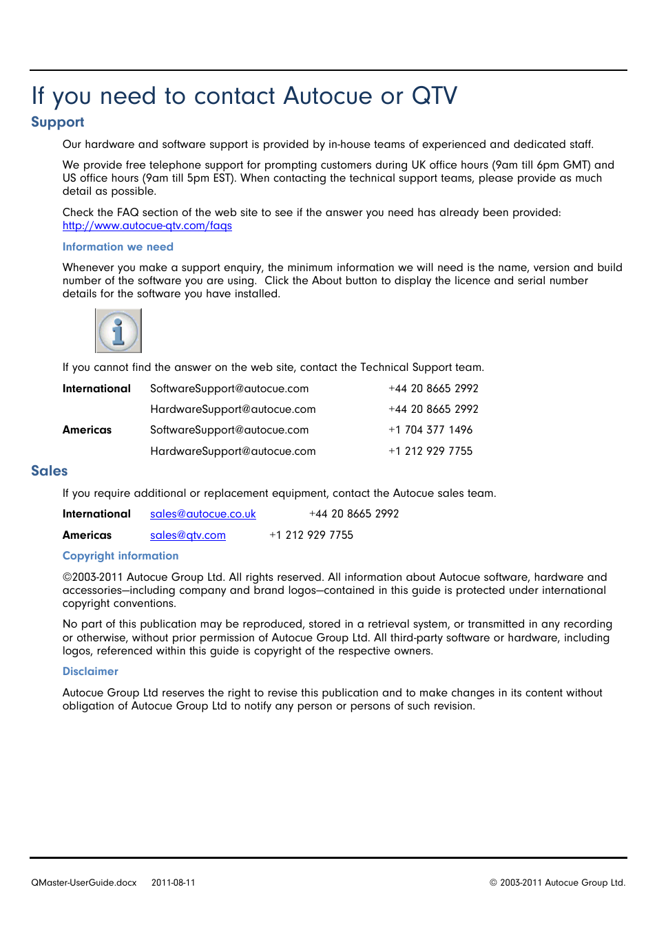 If you need to contact autocue or qtv, Support, Sales | Autocue QMaster User Manual | Page 75 / 75