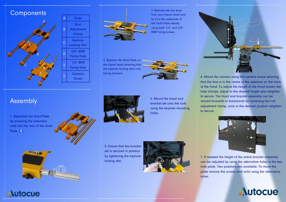 Components, Assembly | Autocue Gold Plate User Manual | Page 2 / 2