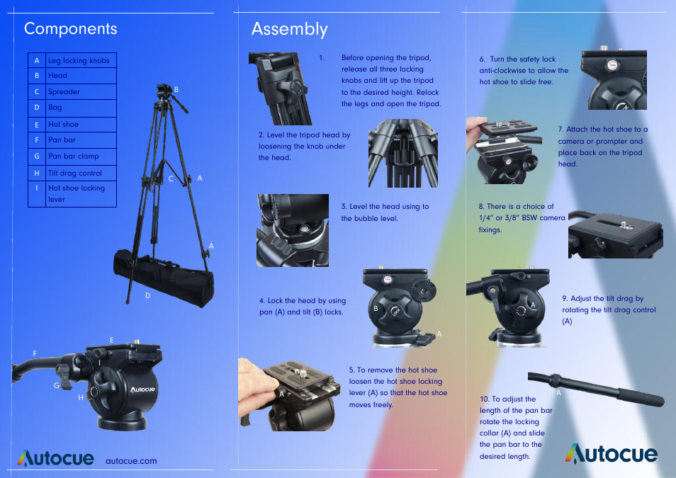 Assembly, Components | Autocue Medium Video Tripod User Manual | Page 2 / 2