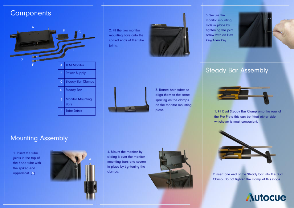 Components, Mounting assembly, Steady bar assembly | Autocue Over Hood TFM User Manual | Page 2 / 2