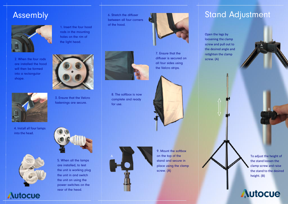 Assembly, Stand adjustment | Autocue Softbox Kit User Manual | Page 2 / 2
