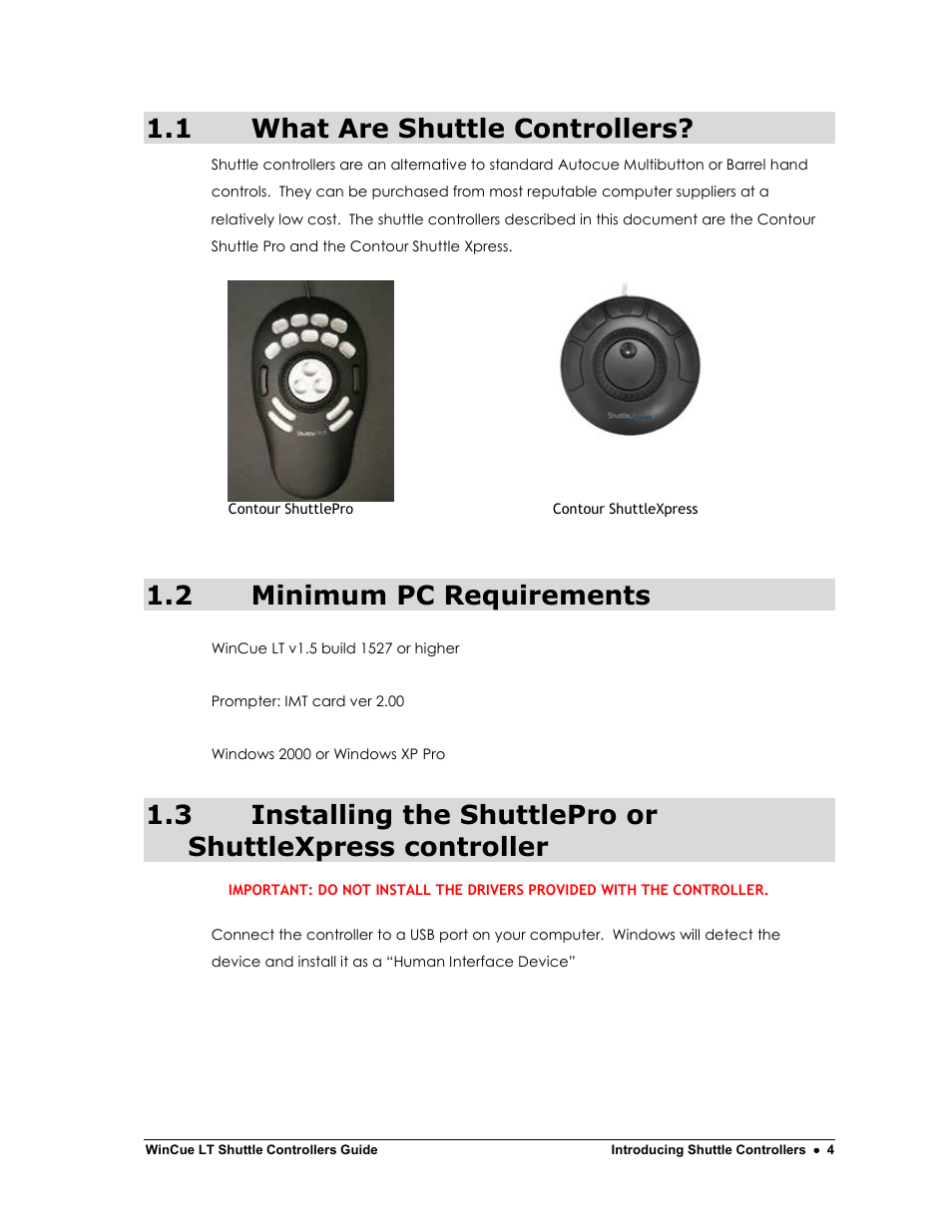 1 what are shuttle controllers, 2 minimum pc requirements | Autocue WinCue LT Shuttle Controllers User Manual | Page 4 / 11